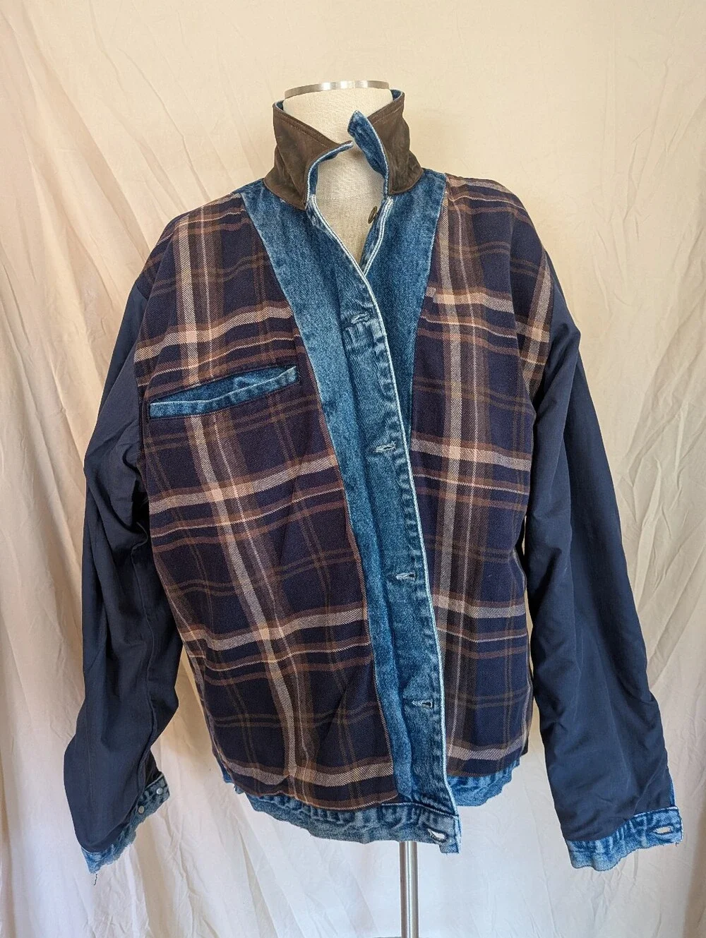 Cabela's Light Blue Denim Jacket with Leather Collar and Flannel Lining